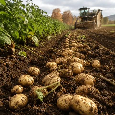 Potatoes crop in an original farming simulation scene
